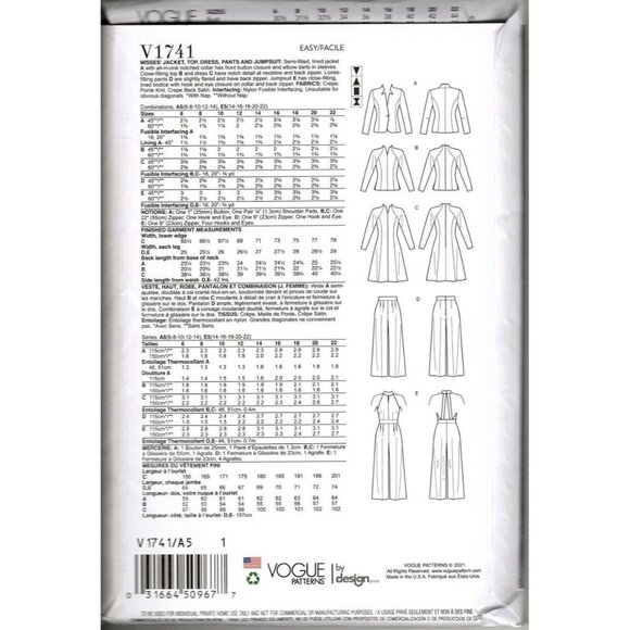Vogue V1741 Misses 6 to 14 Jacket, Pants, Dress, Top, Jumpsuit Sewing Pattern - Picture 2 of 2